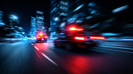 Red and blue motion police lights blur over a city road at night, with long exposure car light trails, creating a dynamic, energetic, and dramatic urban scene