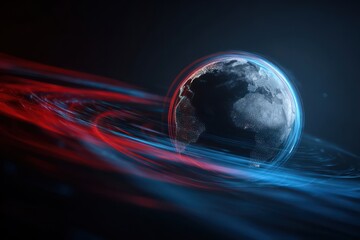 Futuristic earth hologram surrounded by blue and red light trails representing global communication