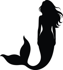 Elegant Black Silhouette of a Mermaid with Long Flowing Hair, Mythological Sea Creature Graphic, Transparent Background
