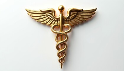 Golden caduceus medical symbol with wings and two snakes entwined. Isolated on a clean white background, this emblem represents health and healing.
