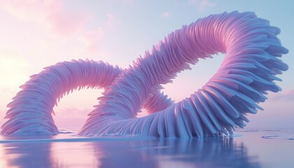 Abstract futuristic organic shape emerges from calm water surface. Soft pastel sky and clouds with smooth reflection create serene atmosphere. This 3D render suggests growth and evolution.