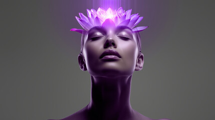 Faceless spiritual woman with glowing purple lotus at the forehead, crown chakra awakening, violet stream of consciousness connecting upward, monochrome purple background, soft def