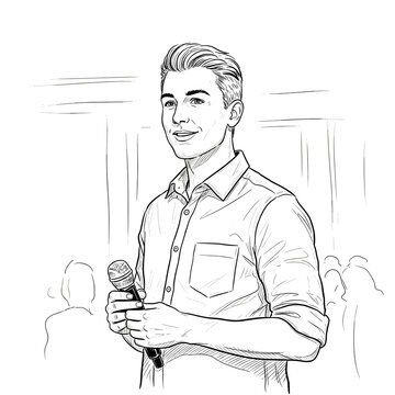 Transgender man at event speaks confidently into microphone, ftm speaker in shirt smiles at blurred audience behind, conveys pride, advocacy, public speaking empowerment 