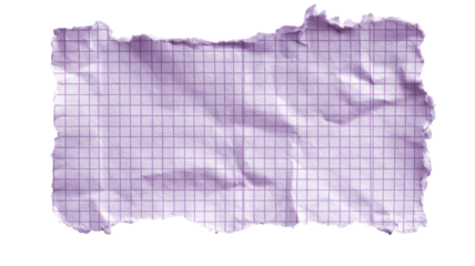 torn purple graph paper sheet with ripped edges crumpled texture squared pattern isolated on white background