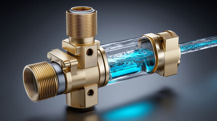 Premium industrial product visual of a brass hydraulic valve controlling fluid flow, blue glowing hydraulic oil flowing through the valve, dynamic arrows showing flow control, dram