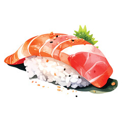 Watercolor Salmon Nigiri Sushi with Sesame Seeds and Garnish on vector illutrastion transparent background