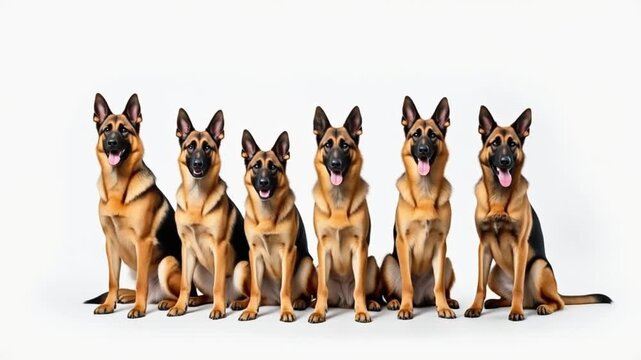 Six German Shepherd dogs sitting in a row on white background