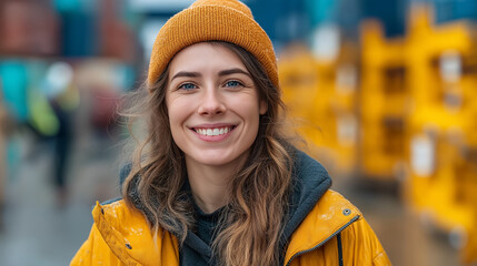 Young Woman in Vibrant Casual Workwear Smiling at Construction Site - Fashionable and Confident Environmental Portrait