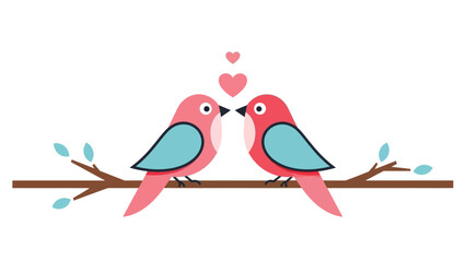 Cute Cartoon Birds in Love on a Branch with Hearts