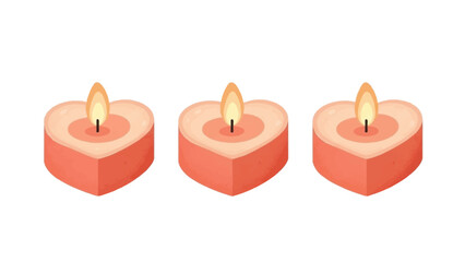 Heart-shaped candles with flames on a white background