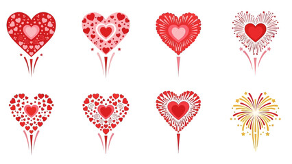Set of Decorative Heart Fireworks with Red and Pink Patterns