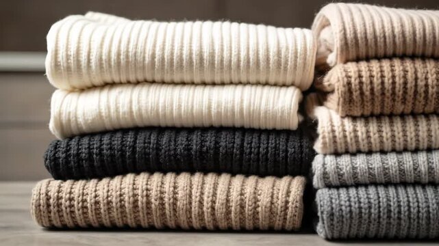 Neatly folded knitted sweaters in neutral colors, creating a cozy and warm atmosphere.
