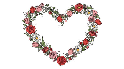 Floral heart wreath with roses and daisies on white background