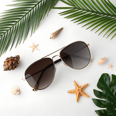 Stylish Aviator Sunglasses with Tropical Palm Leaves, Seashells, and Starfish on White Background, Summer Beach Fashion and Vacation Accessories Concept.