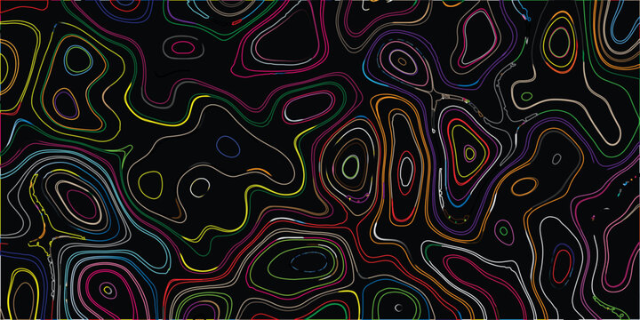 Vibrant abstract topographic map pattern with colorful swirling contour lines on a black background, representing data visualization and organic shapes
