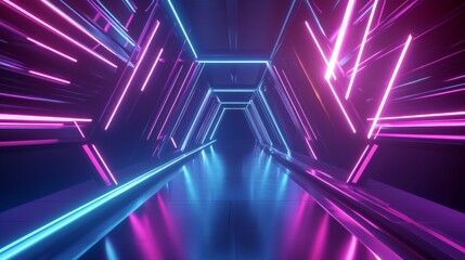 Bright light tunnel design shows glowing lines and depth in a dark scene with neon colors at an unknown location and time