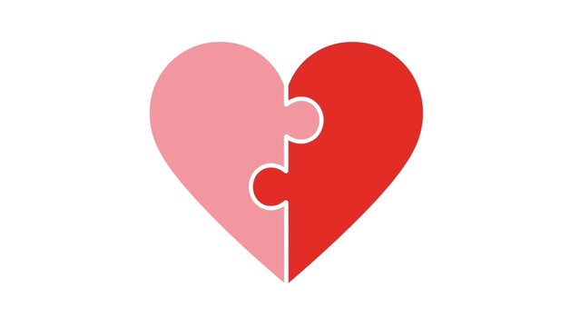 Two interlocking heart-shaped puzzle pieces in pink and red