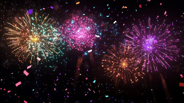 Colorful fireworks exploding against a dark night sky with confetti