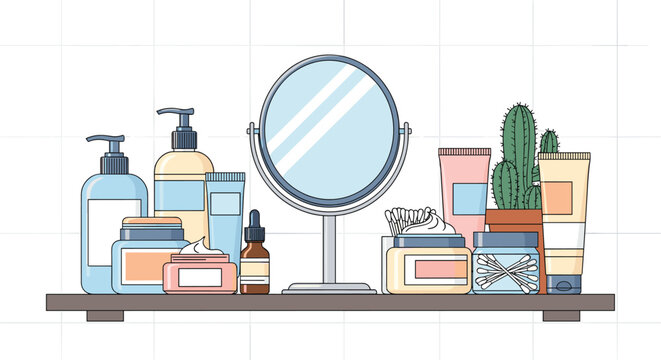 Organized skincare and beauty product collection including lotions, jars, and oils on a vanity shelf with a mirror decor.