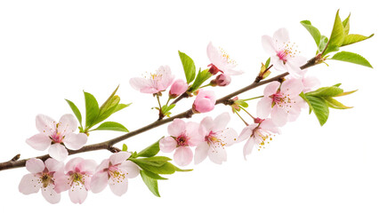 Obraz premium Cherry blossom branch with pink flowers and green leaves placed on a white background during spring time