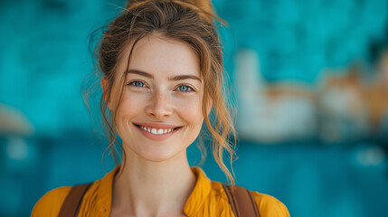 Smiling Woman in Casual Yellow Top Against a Bright Blue Background: A Portrait of Joy and Confidence