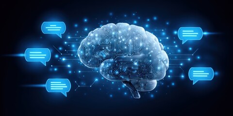 Chat bot service concept. A digital representation of a brain integrated with circuitry, surrounded by speech bubbles, symbolizing communication and technology.