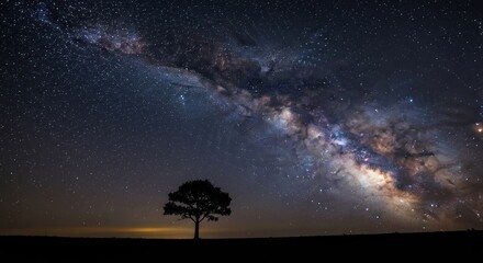 Silhouetted tree under a vast Milky Way