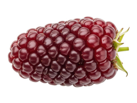 Fresh ripe boysenberry fruit isolated on white background, organic loganberry with green stem, juicy red blackberry for food design