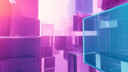 Floating translucent cubes and rectangular prisms create a digital landscape with vibrant colors and a deep perspective seen in a futuristic setting