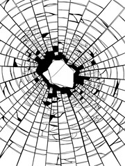 High contrast black and white shattered glass texture with a central impact hole and radiating cracks, perfect for abstract backgrounds, dramatic concepts, or crime scene themes