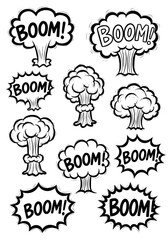 Set of hand drawn comic book explosion speech bubbles with boom text and mushroom cloud shapes, black ink style on white background, comic sound effects and blast clouds