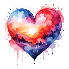 Heart shaped landscape with watercolor sunset and splatters vector illutrastion transparent background