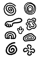 A set of black hand-drawn primitive shapes and symbols including spirals, arches, and organic blobs with a textured charcoal effect on a white background for creative projects
