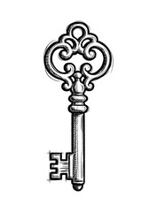 Hand-drawn vintage skeleton key with ornate details, black and white sketch of an antique decorative key for success, mystery, and security concepts isolated on white