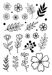 Collection of hand-drawn minimalist botanical elements featuring various floral blooms, delicate leaves, and berry branches in a black and white line art doodle style