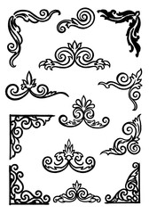 Hand drawn vintage flourishes and ornate corners set with black ink filigree scrollwork for invitation borders, elegant floral decorative elements for stationery design
