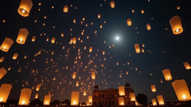 Thousands of lanterns flying in the night sky
