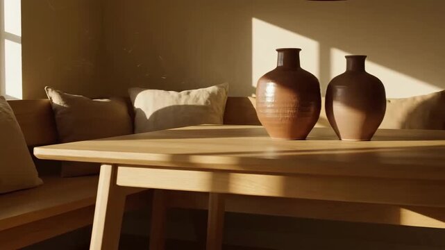 Sunlit Still Life Vases On Wooden Table With Soft Pillows Cozy Interior Calm Atmosphere