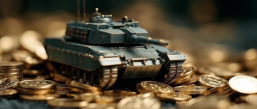 On a stack of gold coins is a tank model. notion of financial crisis, sanctions, and economic war. An example of how military spending affects the economy.