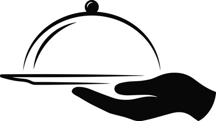 Restaurant serving tray in hand silhouette illustration symbolizing hospitality service, catering, food delivery, and professional waiter concept, minimalist black vector icon.Web