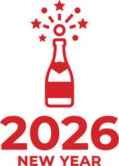 Red champagne bottle illustration celebrating 2026 New Year with fireworks, minimalist festive icon for holiday party, celebration design