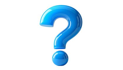 A 3D render of a glossy, azure question mark against a stark black backdrop. It's a whimsical, visually appealing representation of inquiry and curiosity