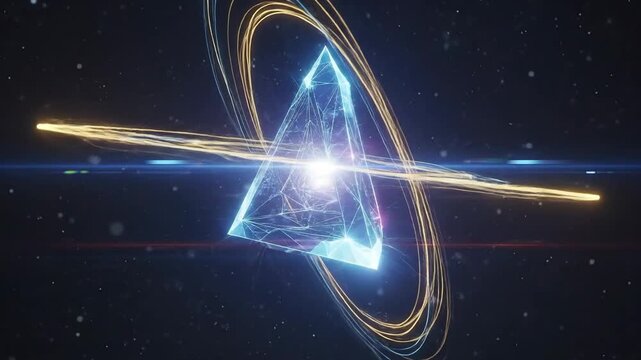 Abstract crystalline structure floating in space with glowing rings around it.