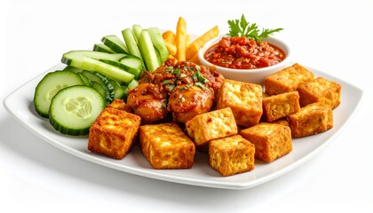 Spicy fried tofu with chili sambal and fresh vegetables