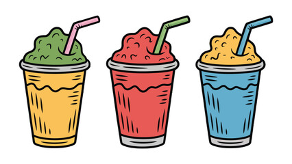 Cooling Trio: A refreshing visual of three vibrant, colorful blended drinks, each inviting with its unique flavors, ready to tantalize taste buds and offer a moment of pure refreshment.