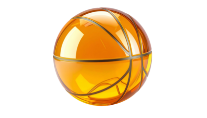 A 3D rendered, transparent sphere showcasing an amber-colored orb, marked with darker lines resembling a classic sports ball