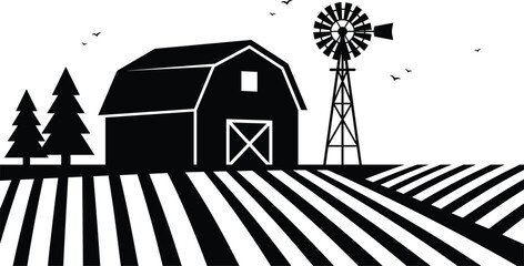 Rural farm landscape silhouette illustration with barn, windmill, trees, and cultivated fields, countryside agriculture scene, minimalist black vector artwork.Web