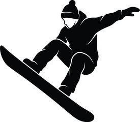 Snowboarder silhouette illustration performing aerial jump trick, winter extreme sport action, dynamic snowboarding motion, minimalist black vector artwork.Web