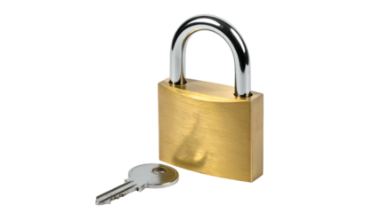 A close-up shot of a brass padlock with a silver shackle and a key laying nearby, all on a black background