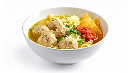 Indonesian meatball soup with noodles and vegetables in bowl